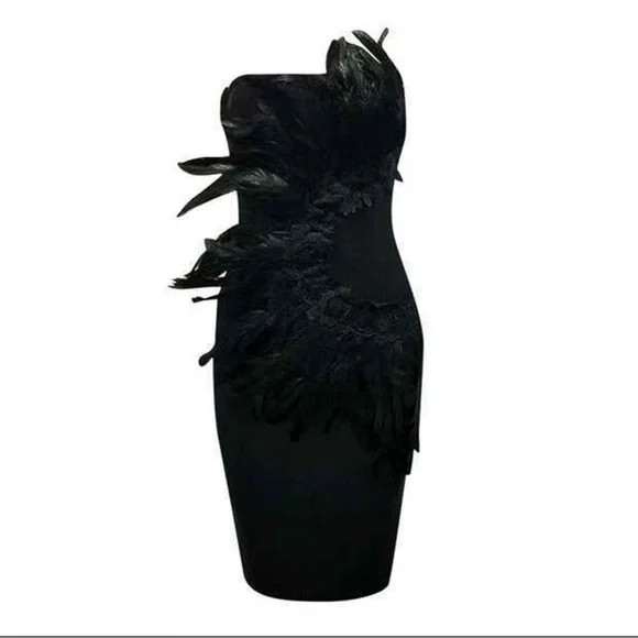 Boutique Black Feather Strapless Dress | Luxury Evening Cocktail Dress | M–L - Picture 4 of 11